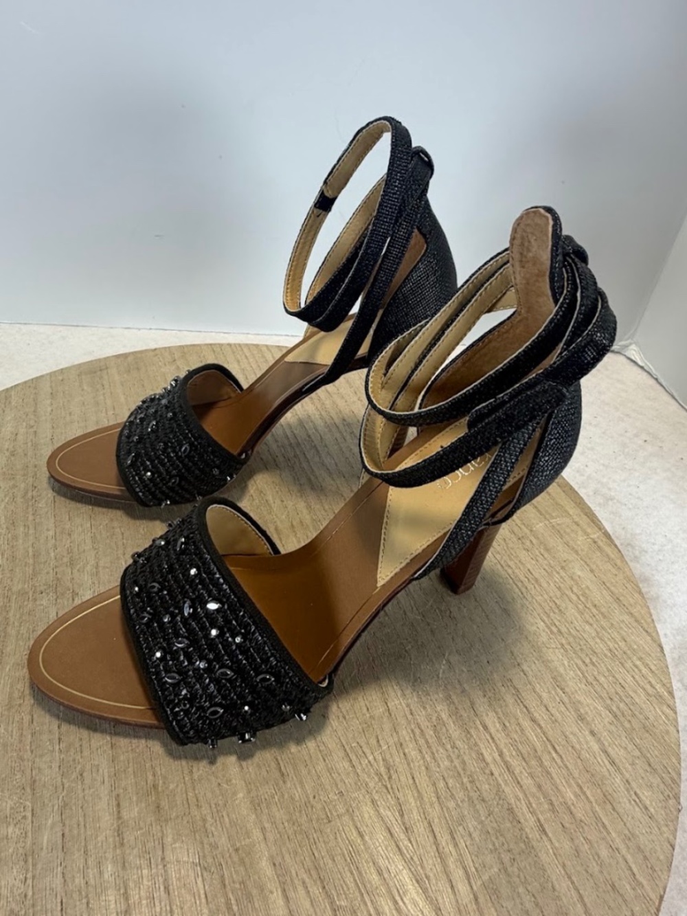 Franco Sarto Eleanor 2 Womens 9 Black Embellished Ankle Strap High Heel Sandals